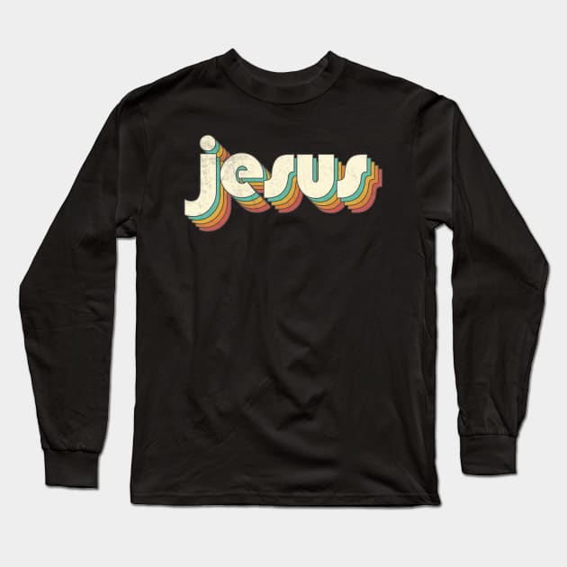 Retro Vintage Rainbow Jesus Letters Distressed Style Long Sleeve T-Shirt by Cables Skull Design